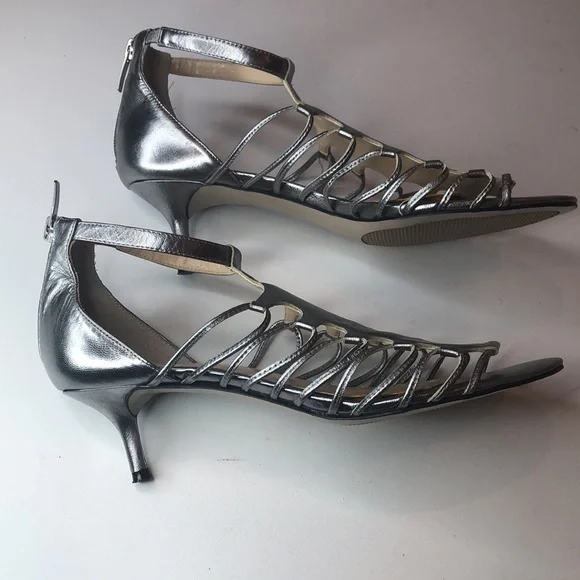 Enzo Angiolini Silver Strappy Leather Heels Elegant Design  Zipper Back 7 1/2M - Picture 6 of 15